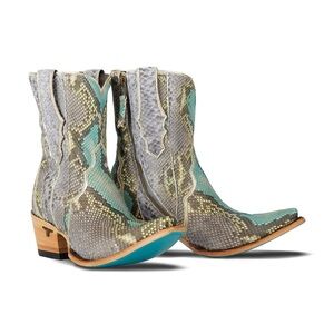 Chic Snakeskin Heeled Boots in Gray and Teal